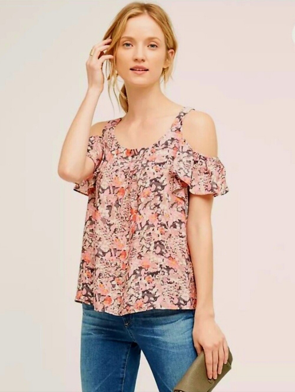 Anthropologie × Maeve Hana Open Cold Shoulder Top Floral Blouse Pink Rayon LG